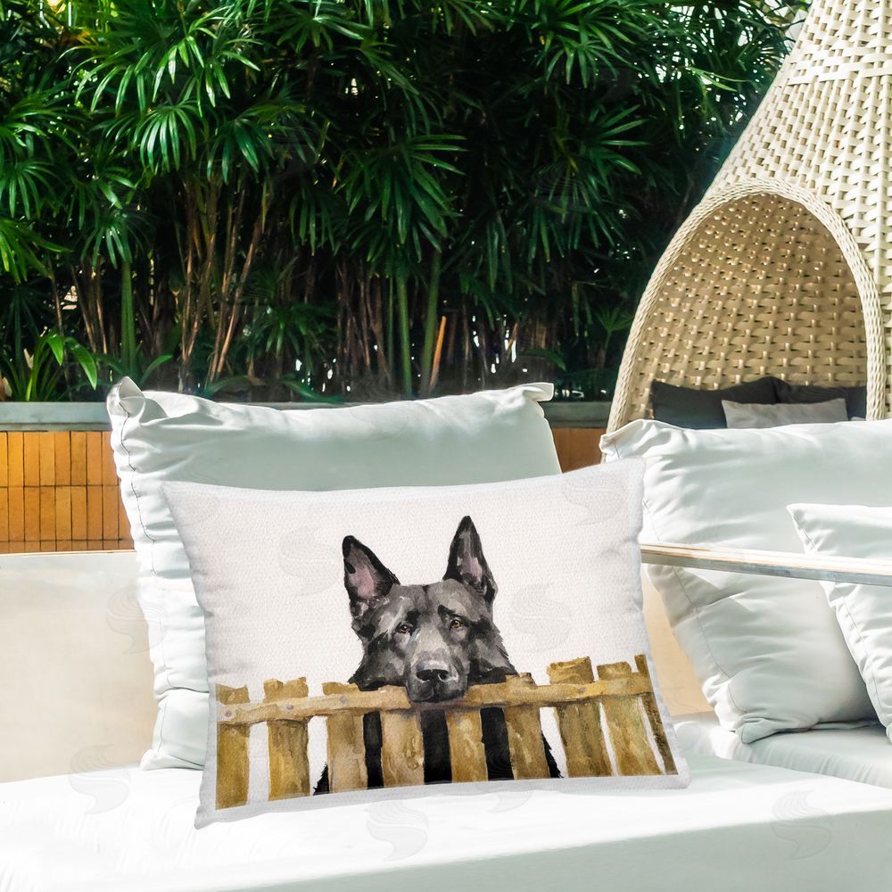 George Dyachenko Black German Shepherd Outdoor Quick-Dry Polyester Printed Throw Pillow in Back Yard