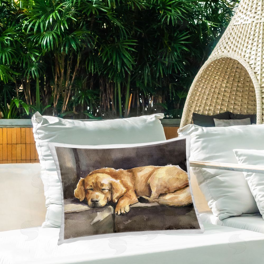 George Dyachenko Sleeping Golden Retriever Outdoor Quick-Dry Polyester Printed Throw Pillow in Back Yard