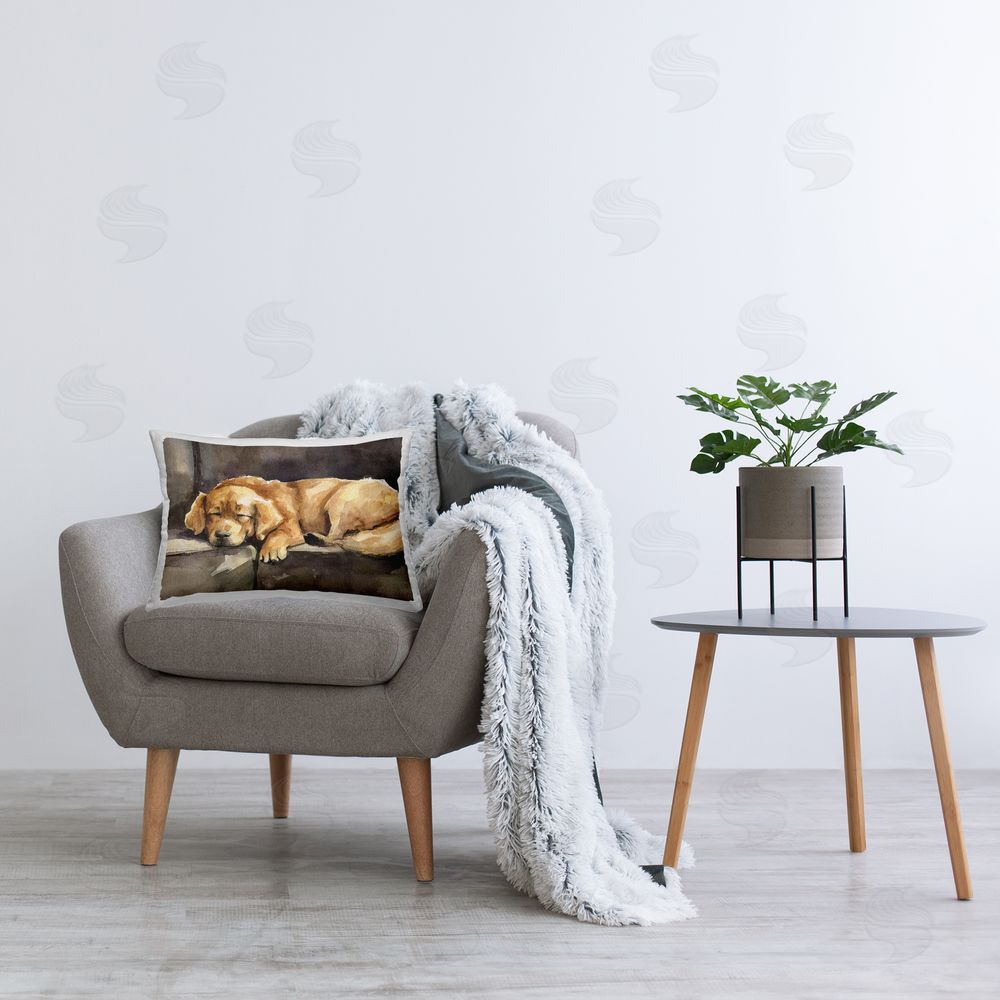 George Dyachenko Sleeping Golden Retriever Printed Plush Polyester Throw Pillow On Chair