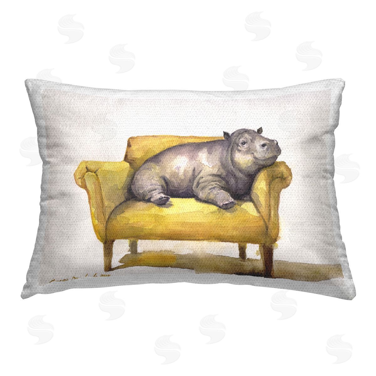 George Dyachenko Hippo on Yellow Chair Outdoor Quick-Dry Polyester Printed Throw Pillow