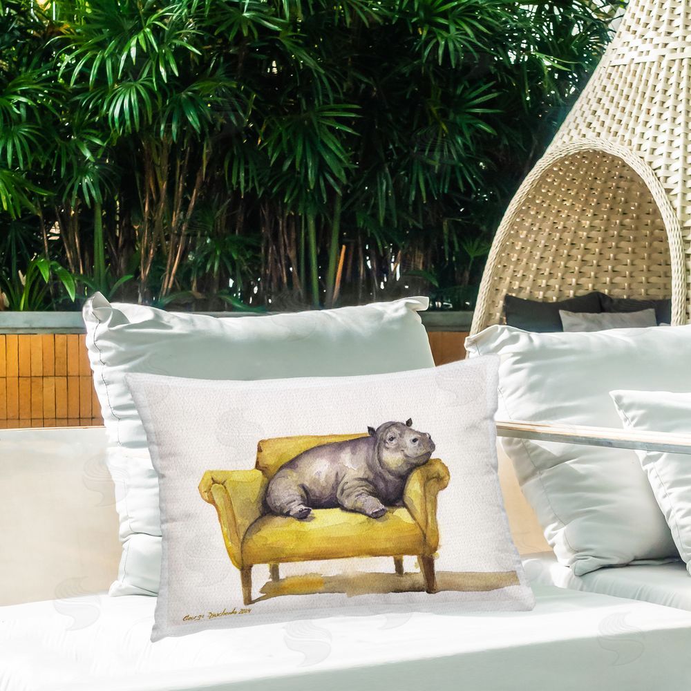 George Dyachenko Hippo on Yellow Chair Outdoor Quick-Dry Polyester Printed Throw Pillow in Back Yard