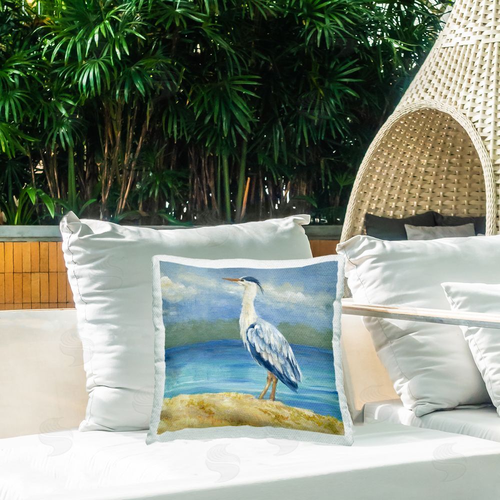 Lanie Loreth Heron on Cloudy Beach Outdoor Quick-Dry Polyester Printed Throw Pillow in Back Yard