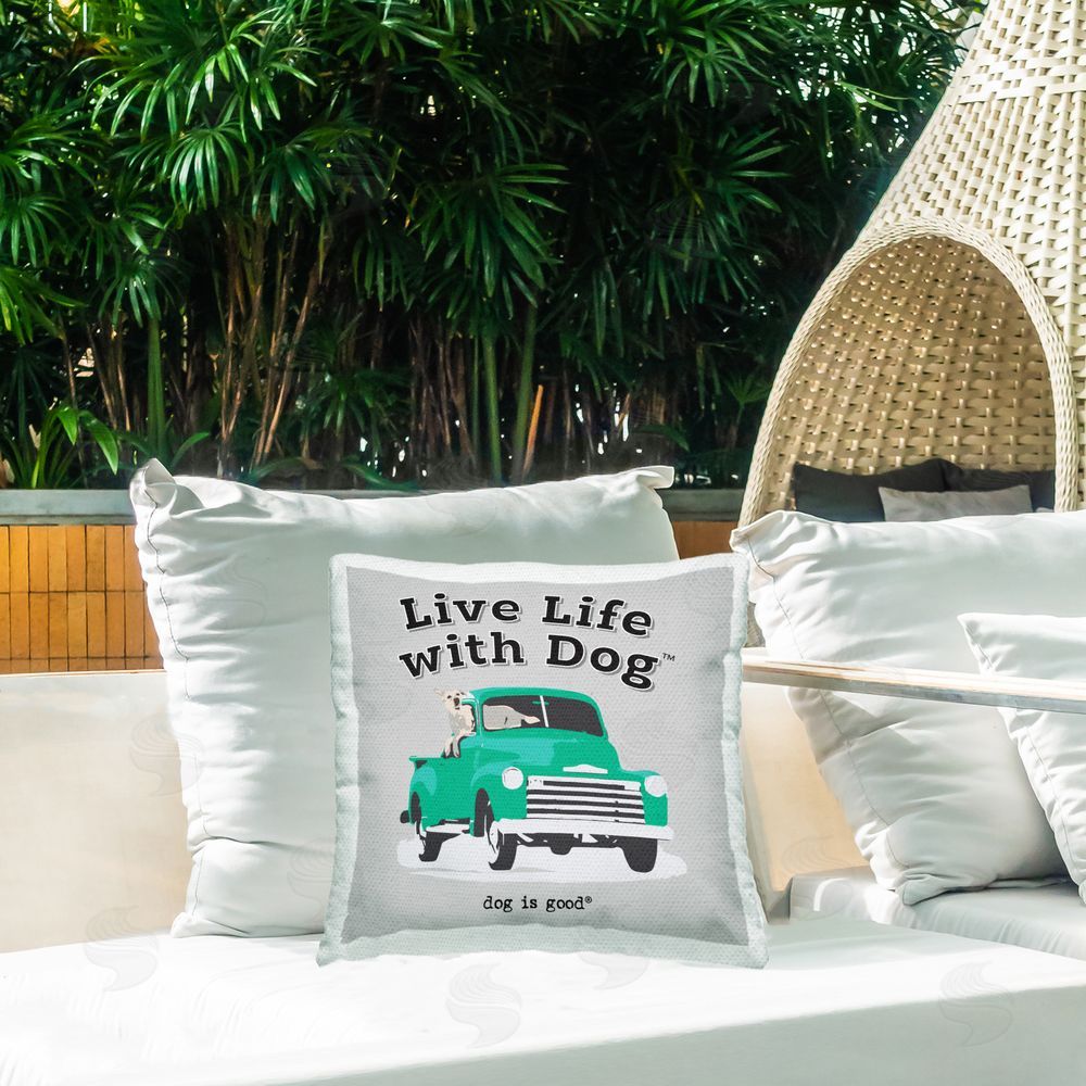 Dog Is Good Dog in Pickup Truck Outdoor Quick-Dry Polyester Printed Throw Pillow in Back Yard