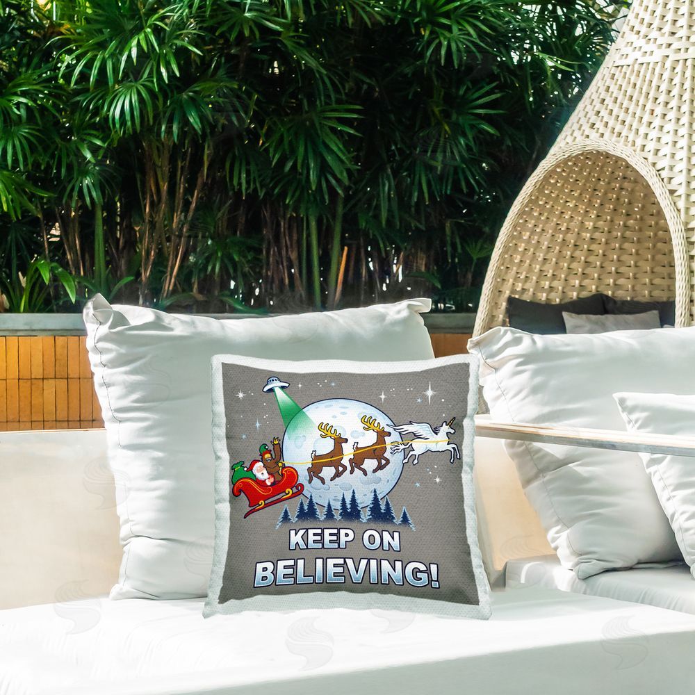 Jedco Brands Inc. Keep on Believing Holiday Outdoor Quick-Dry Polyester Printed Throw Pillow in Back Yard