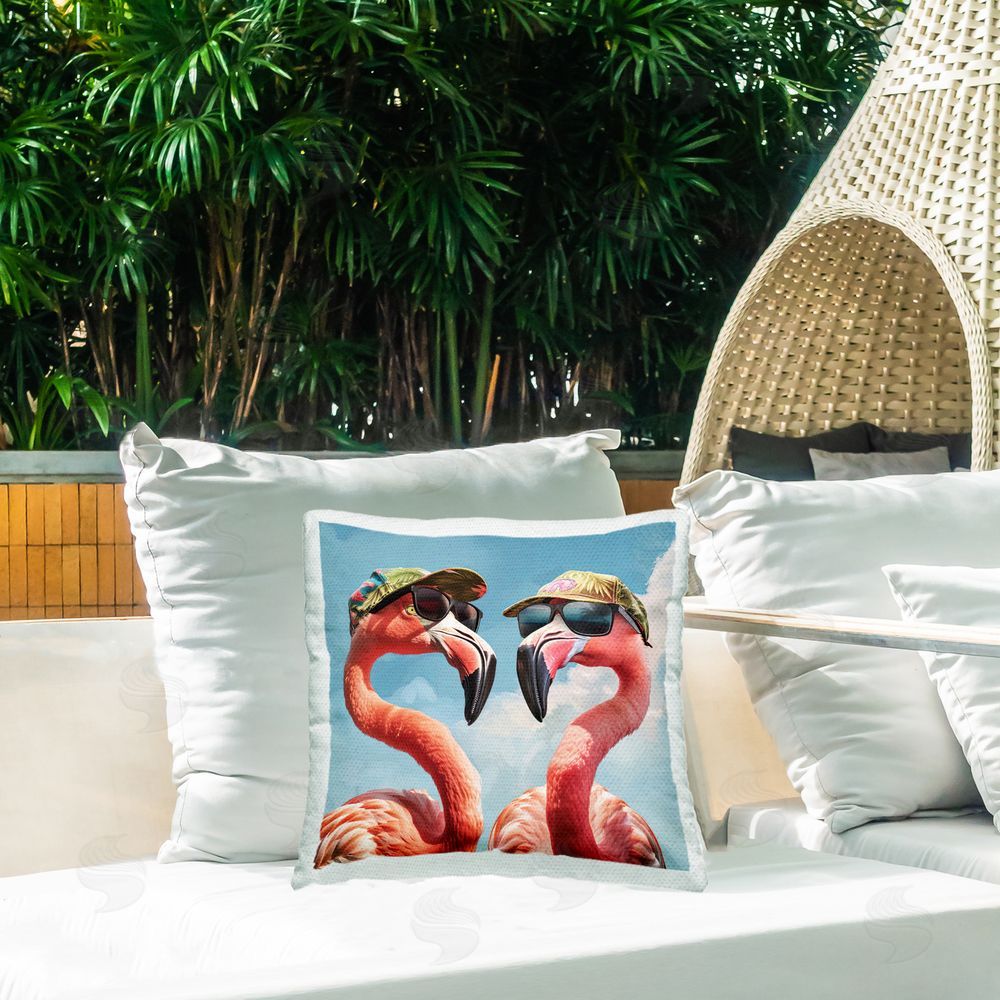 Jim Baldwin Flamingos with Tropical Hats Outdoor Quick-Dry Polyester Printed Throw Pillow in Back Yard
