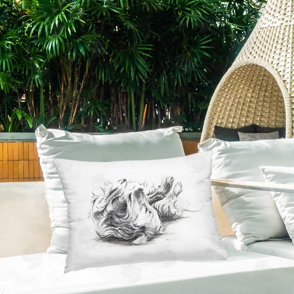 Lindsay Kivi Fine Art Naptime Dog Drawing Outdoor Quick-Dry Polyester Printed Throw Pillow in Back Yard
