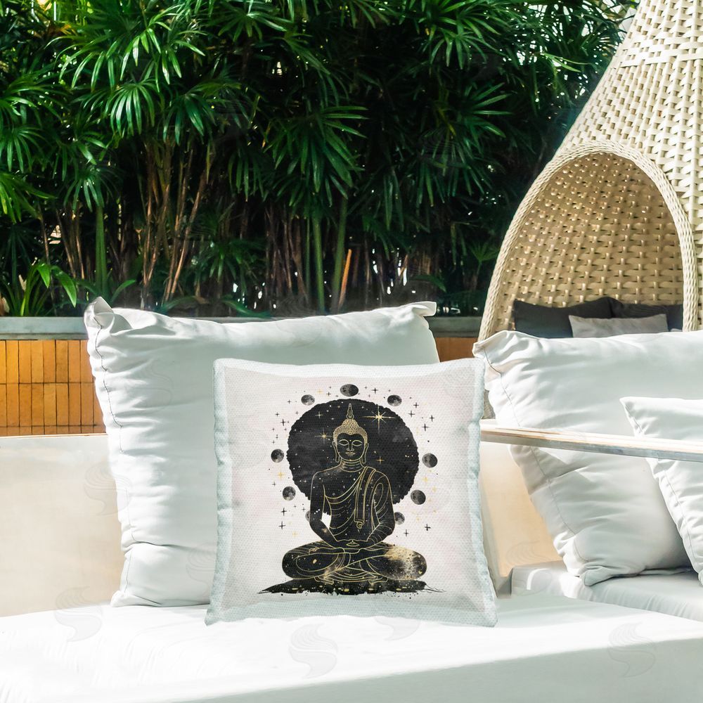 Nina Blue Gilded Sitting Buddha Outdoor Quick-Dry Polyester Printed Throw Pillow in Back Yard