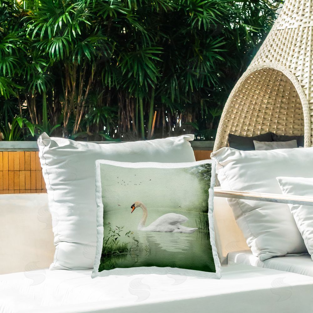 Kelley Parker Swan's Sanctuary Misty Lake Outdoor Quick-Dry Polyester Printed Throw Pillow in Back Yard