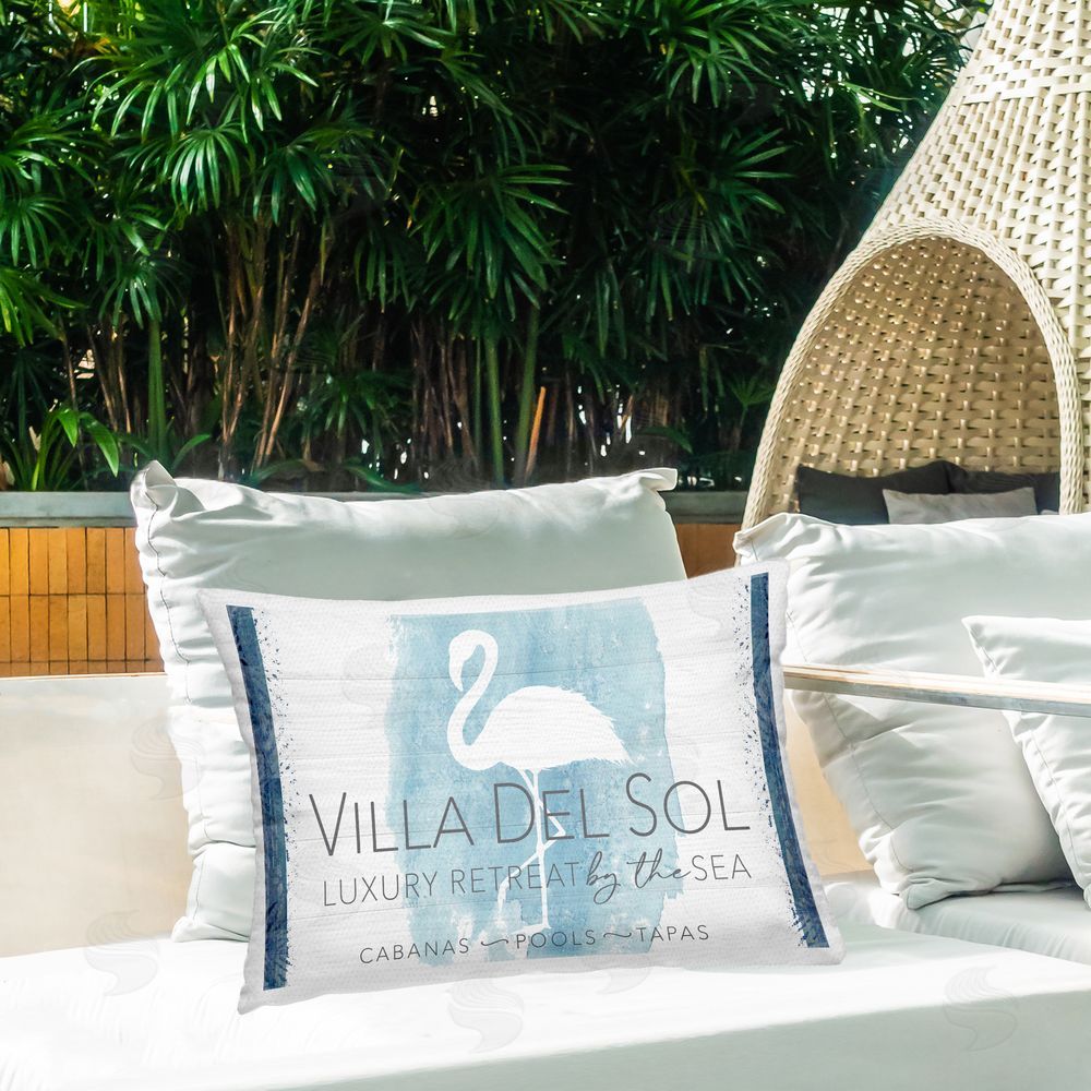 Fluidity/PDR LLC. Beach Retreat Flamingo Sign Outdoor Quick-Dry Polyester Printed Throw Pillow in Back Yard