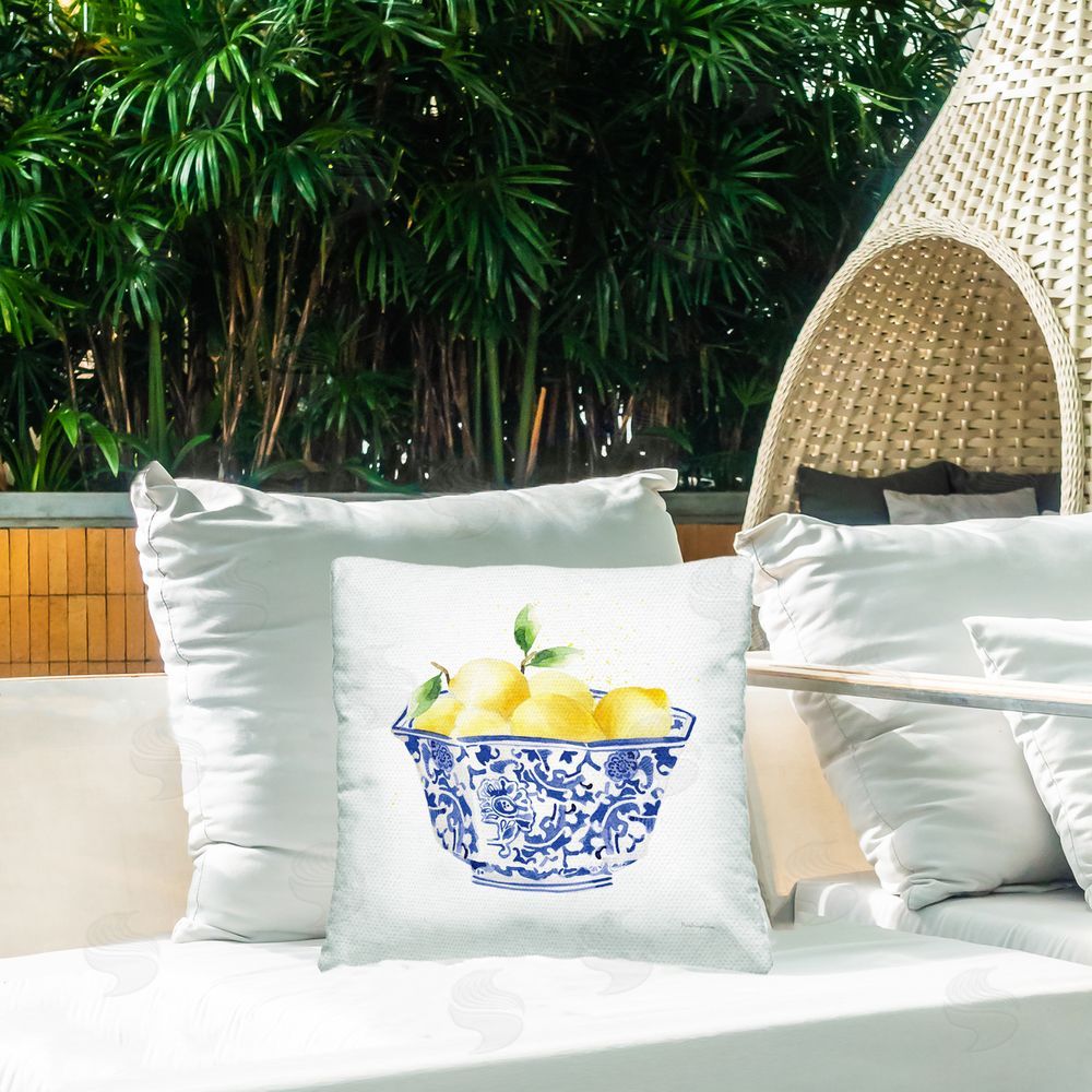 Mercedes Lopez Charro Elegant Bowl of Lemons Outdoor Quick-Dry Polyester Printed Throw Pillow in Back Yard
