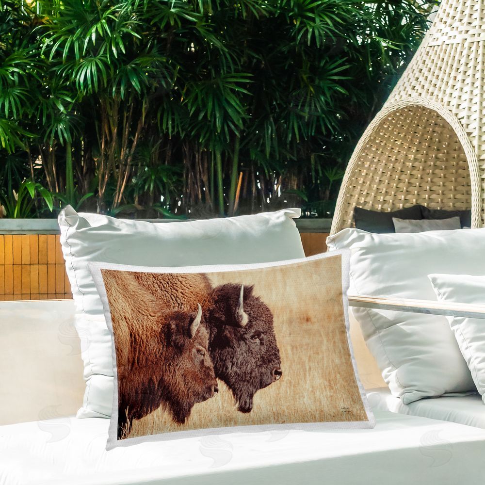 Nathan Larson Bison Pair in Countryside Outdoor Quick-Dry Polyester Printed Throw Pillow in Back Yard