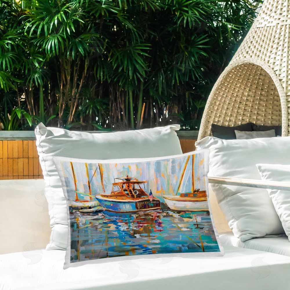 Jeanette Vertentes Old Fashioned Boat Harbor Outdoor Quick-Dry Polyester Printed Throw Pillow in Back Yard