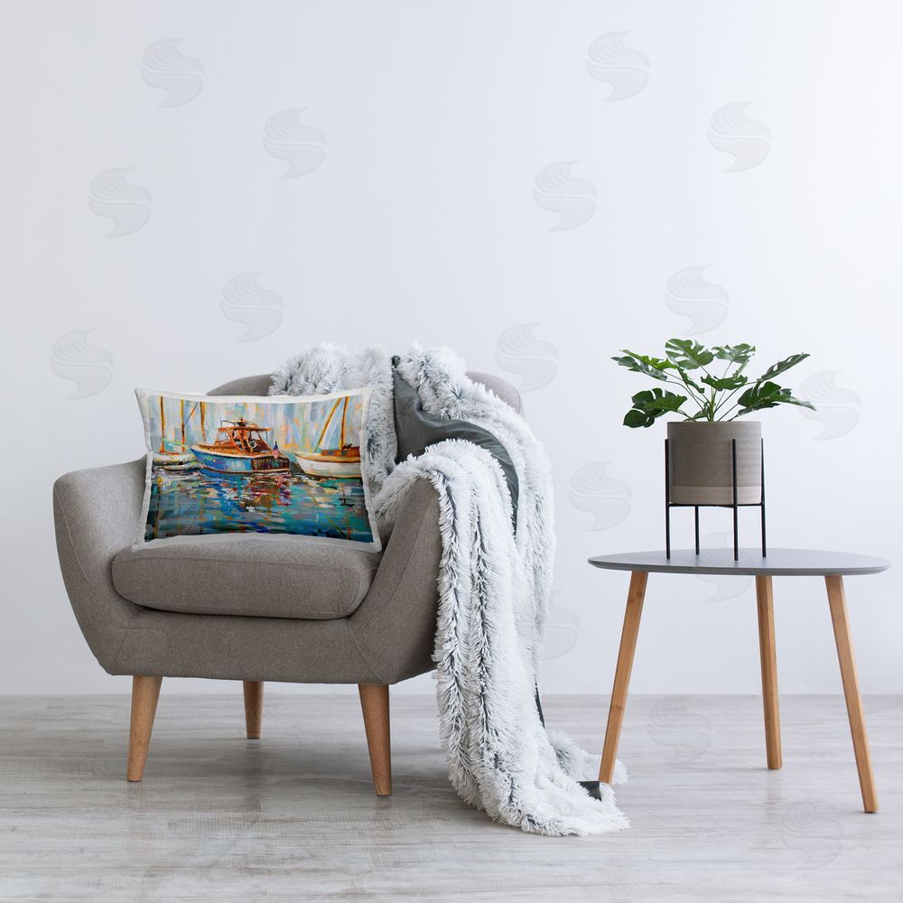 Jeanette Vertentes Old Fashioned Boat Harbor Printed Plush Polyester Throw Pillow On Chair