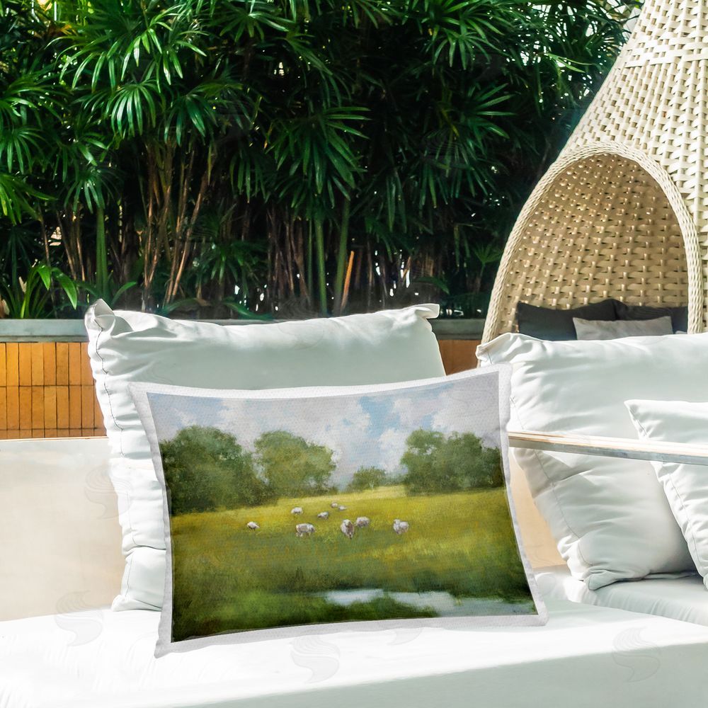 Julia Purinton Sun Grazing Sheep Outdoor Quick-Dry Polyester Printed Throw Pillow in Back Yard