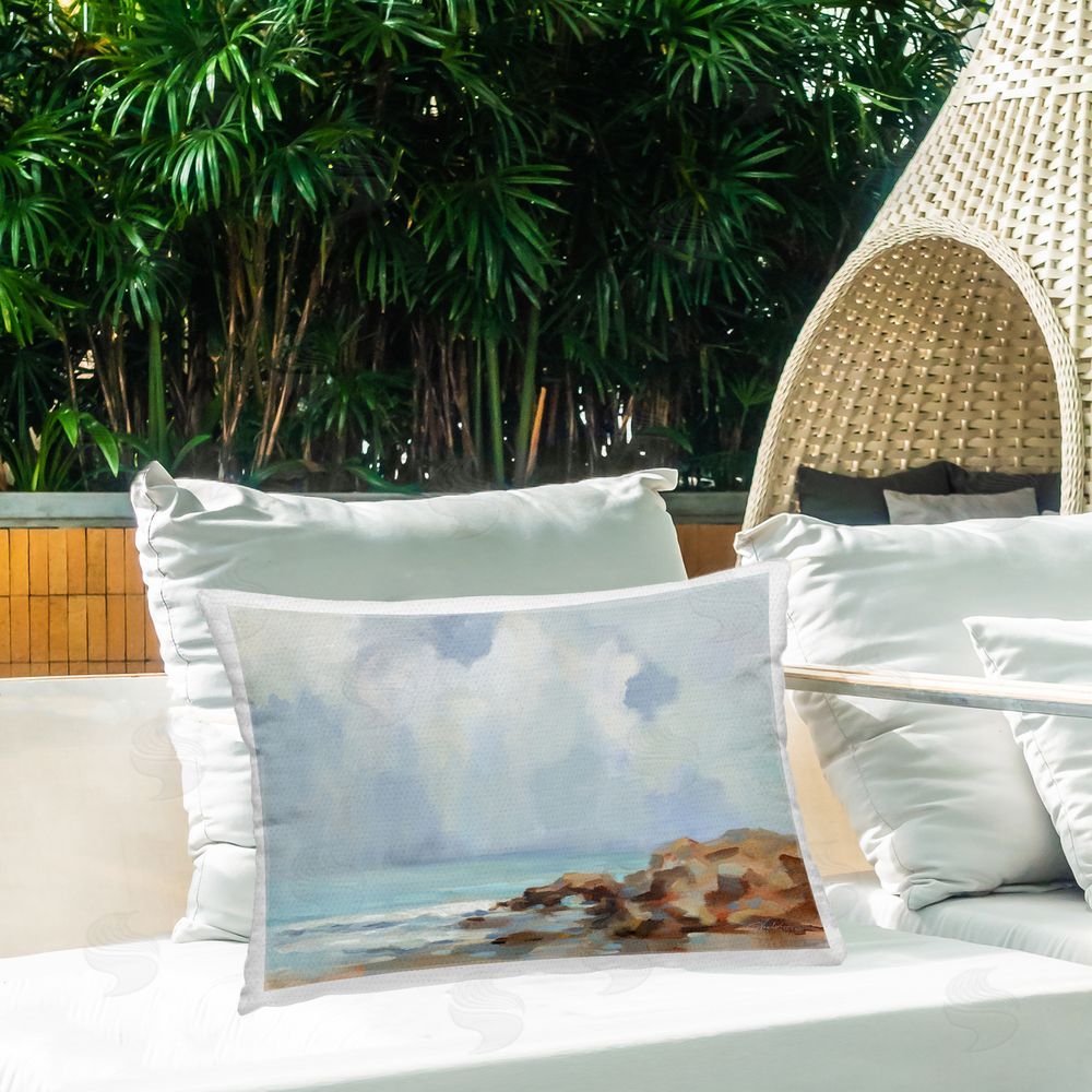 Silvia Vassileva Morning at Stone Beach Outdoor Quick-Dry Polyester Printed Throw Pillow in Back Yard
