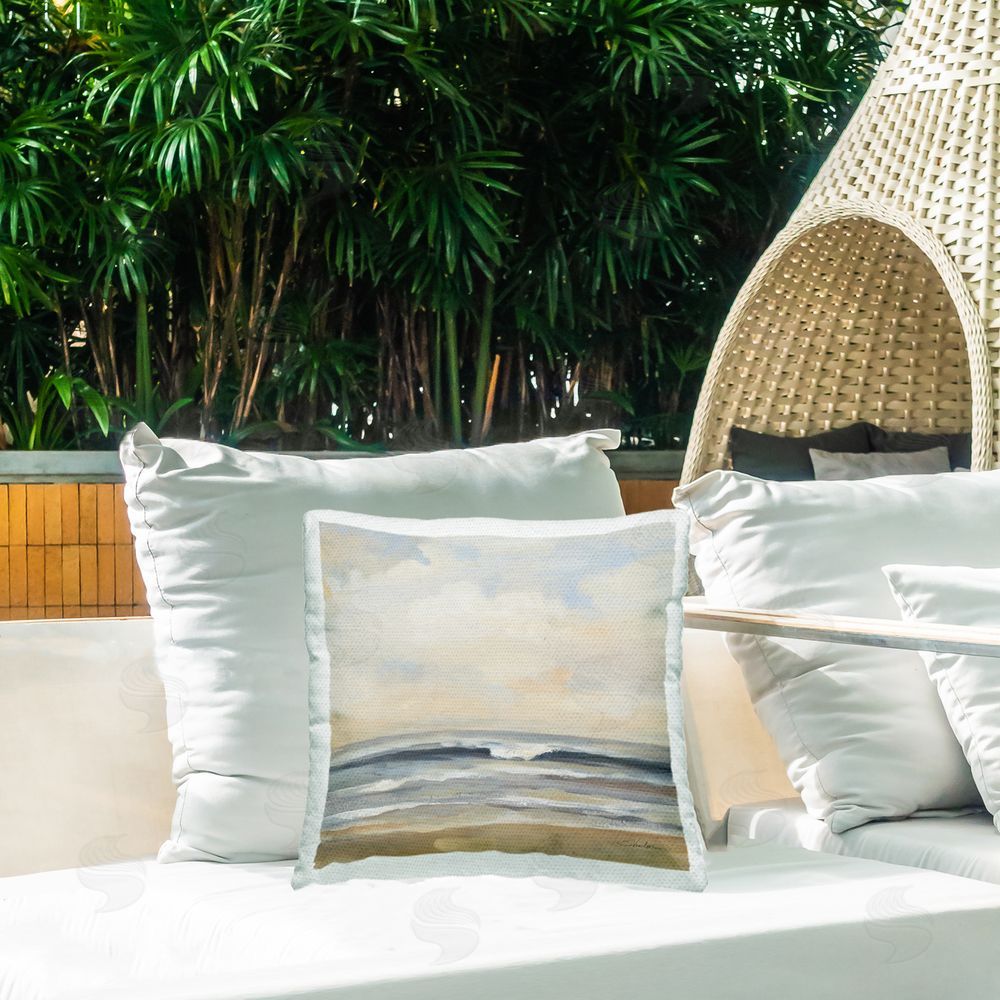 Silvia Vassileva Misty Haze Shoreline Outdoor Quick-Dry Polyester Printed Throw Pillow in Back Yard