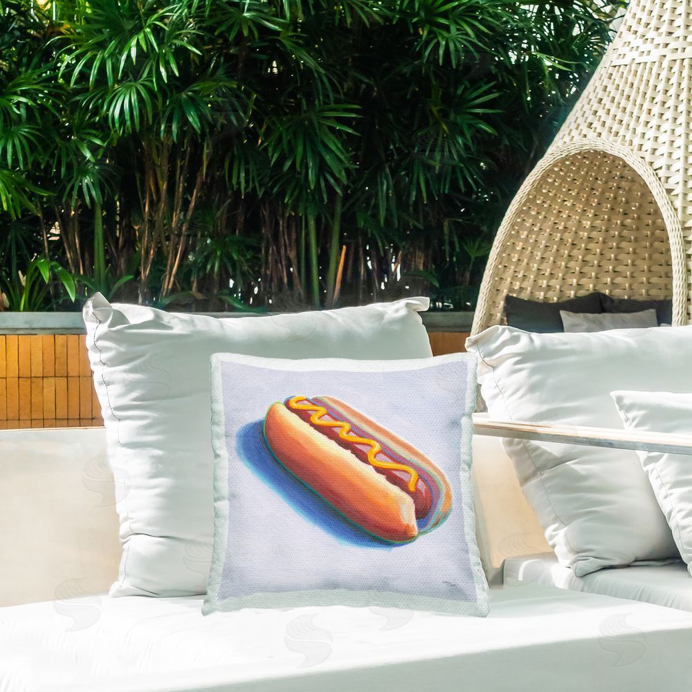 Wellington Studio Hot Dog with Mustard Outdoor Quick-Dry Polyester Printed Throw Pillow in Back Yard