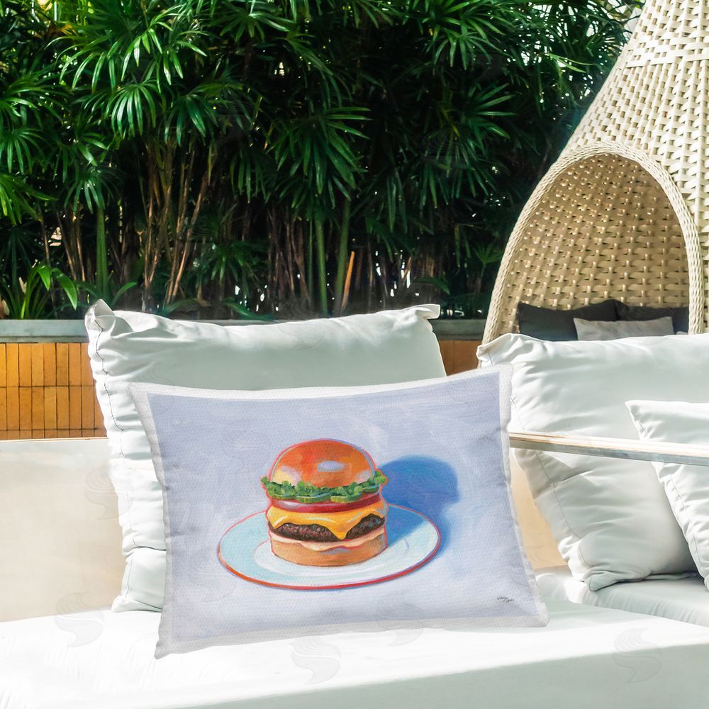 Wellington Studio Burger on Plate Outdoor Quick-Dry Polyester Printed Throw Pillow in Back Yard