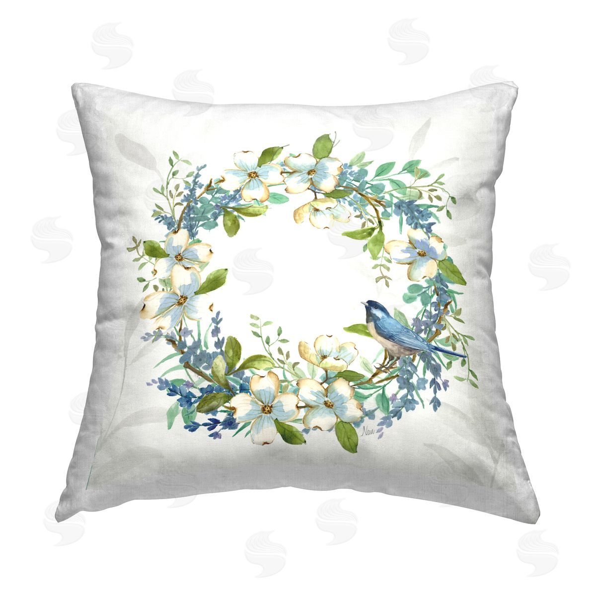 Nan Dogwood Wreath & Bluebirds Printed Plush Polyester Throw Pillow