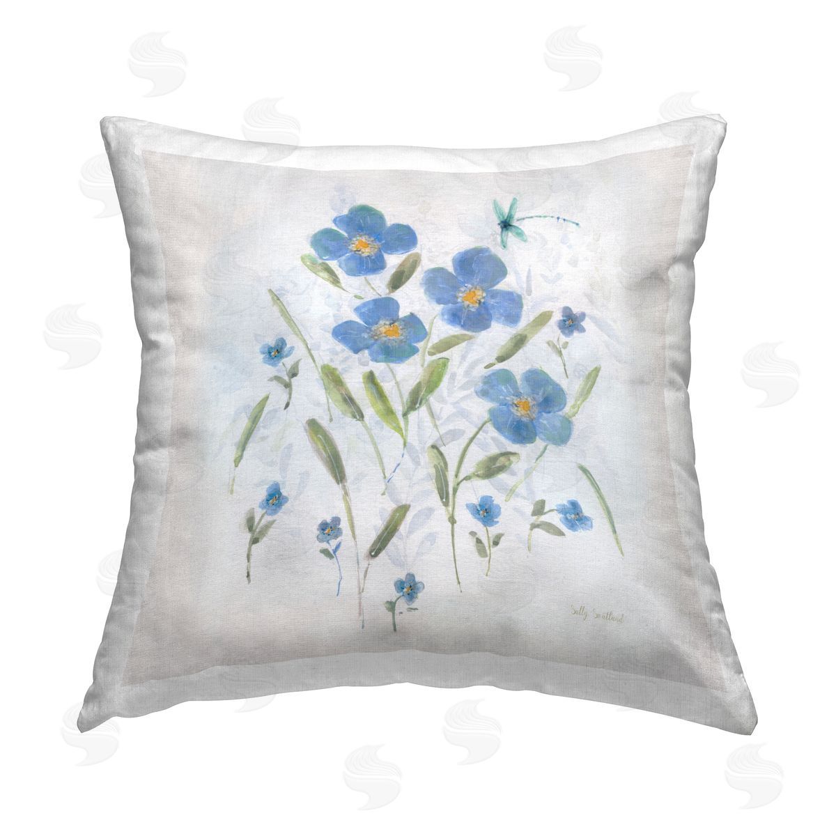 Sally Swatland Dragonfly & Blue Florals Printed Plush Polyester Throw Pillow