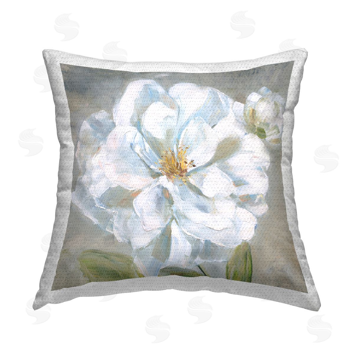 Sally Swatland Curling White Flower Petals Outdoor Quick-Dry Polyester Printed Throw Pillow