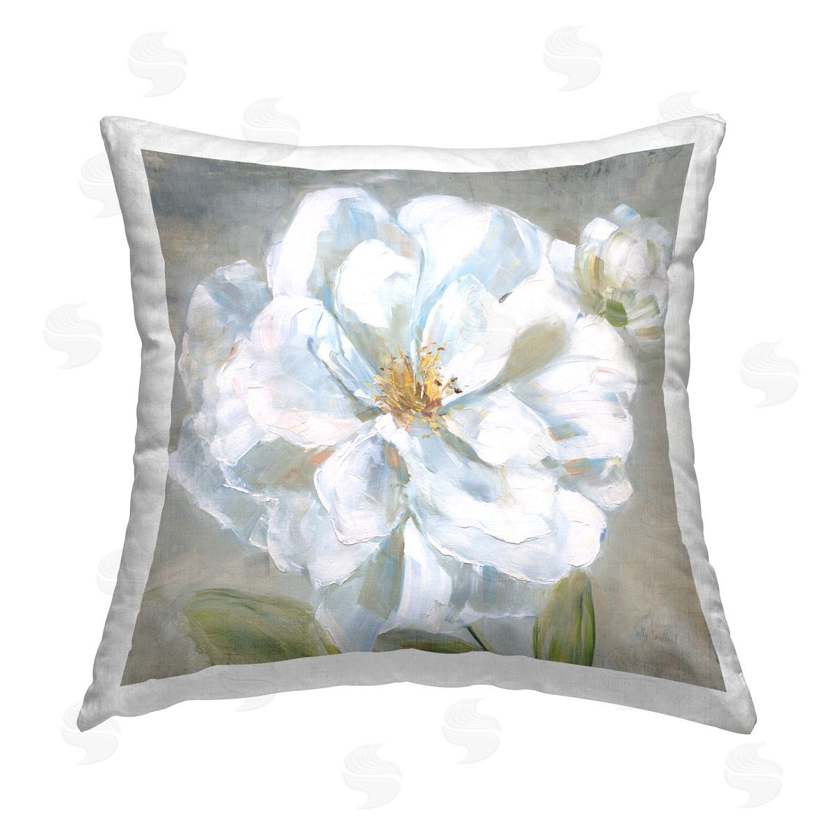 Sally Swatland Curling White Flower Petals Printed Plush Polyester Throw Pillow