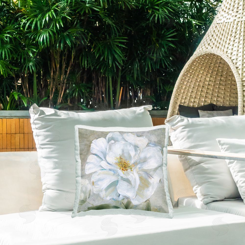 Sally Swatland Close Up White Bloom Outdoor Quick-Dry Polyester Printed Throw Pillow in Back Yard