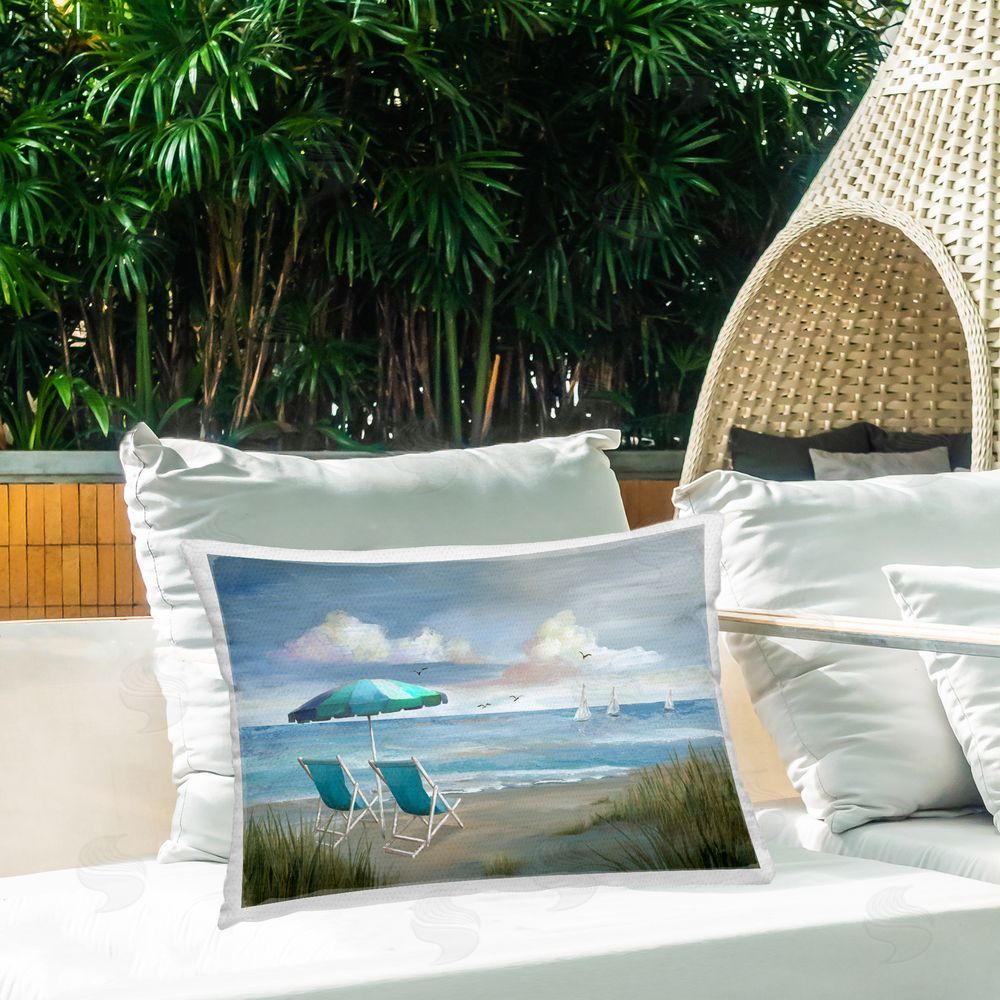 Nan Seagulls over Calm Beach Outdoor Quick-Dry Polyester Printed Throw Pillow in Back Yard