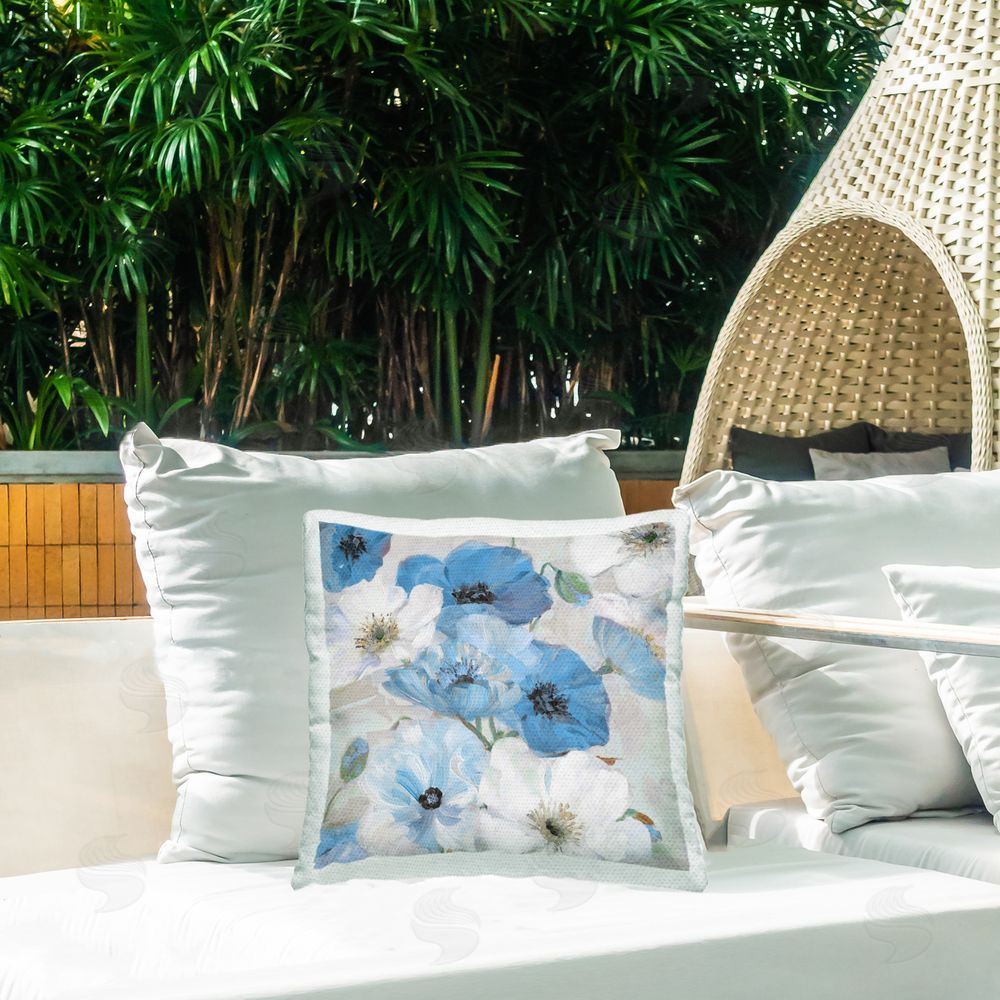 Sally Swatland Mixed Blue & White Blooms Outdoor Quick-Dry Polyester Printed Throw Pillow in Back Yard