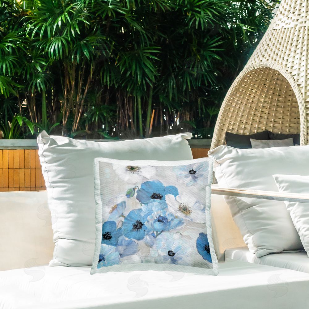 Sally Swatland Blue & White Flowers Outdoor Quick-Dry Polyester Printed Throw Pillow in Back Yard