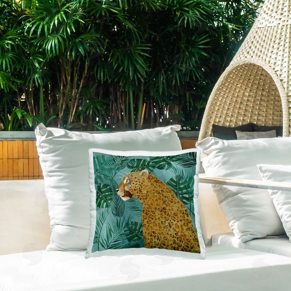 Janet Tava Monstera & Palms Cheetah Outdoor Quick-Dry Polyester Printed Throw Pillow in Back Yard