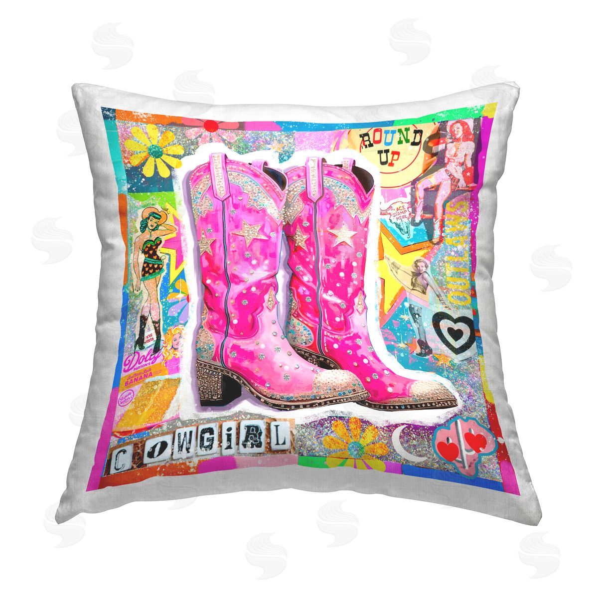 Jess Stempel Groovy Vintage Cowgirl Collage Printed Plush Polyester Throw Pillow