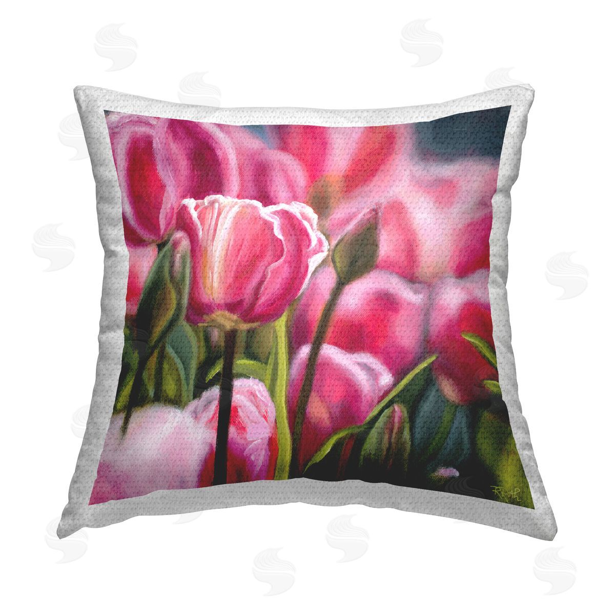 Raquel Roth Pink Tulips Garden Outdoor Quick-Dry Polyester Printed Throw Pillow