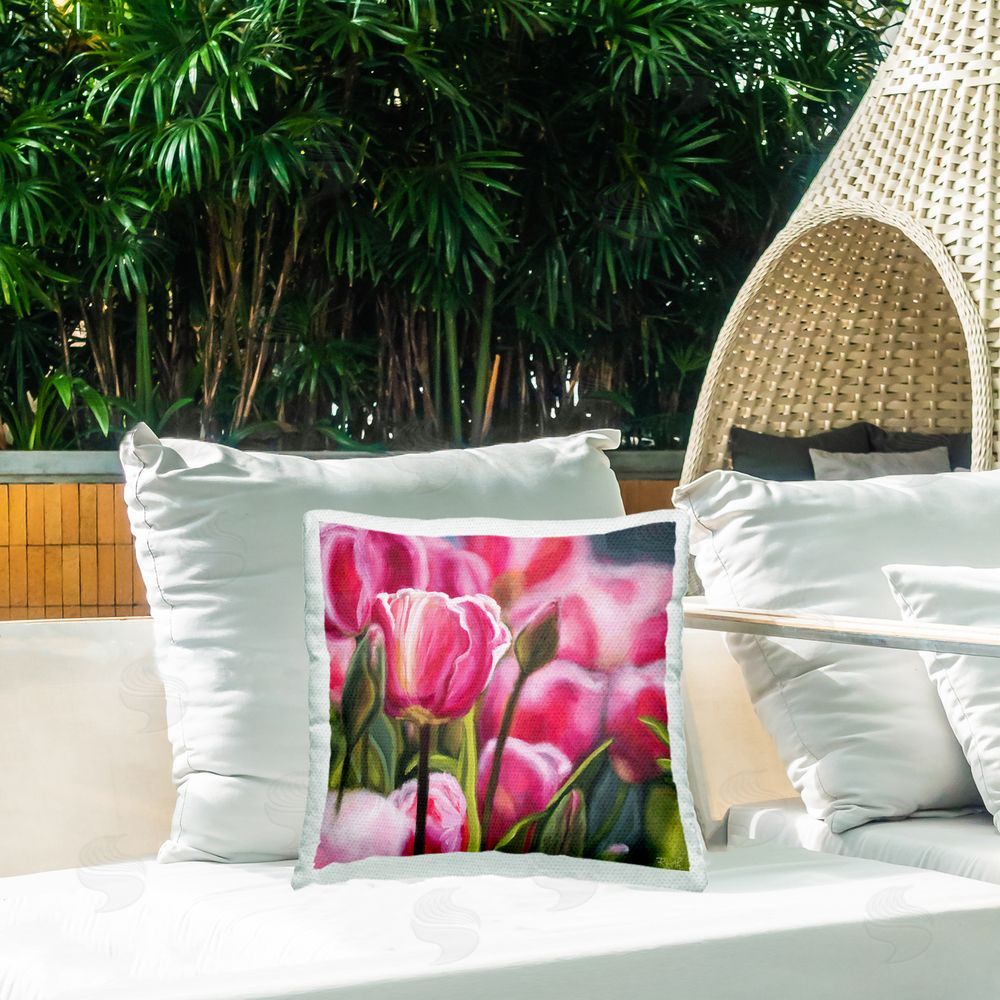 Raquel Roth Pink Tulips Garden Outdoor Quick-Dry Polyester Printed Throw Pillow in Back Yard