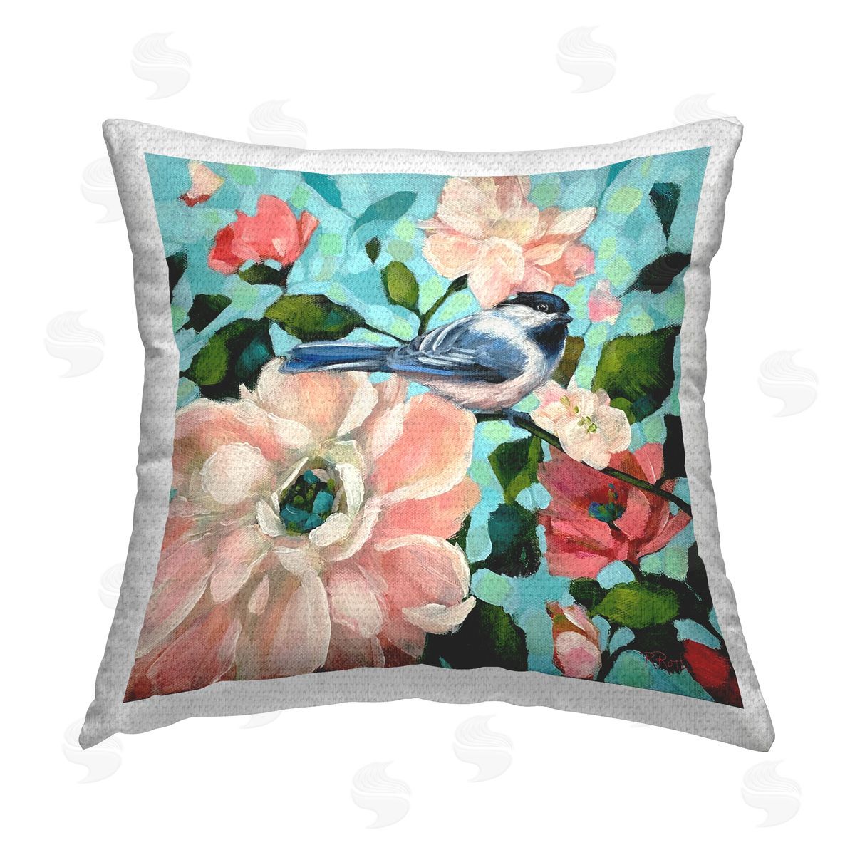 Raquel Roth Blue Bird & Bold Flowers Outdoor Quick-Dry Polyester Printed Throw Pillow