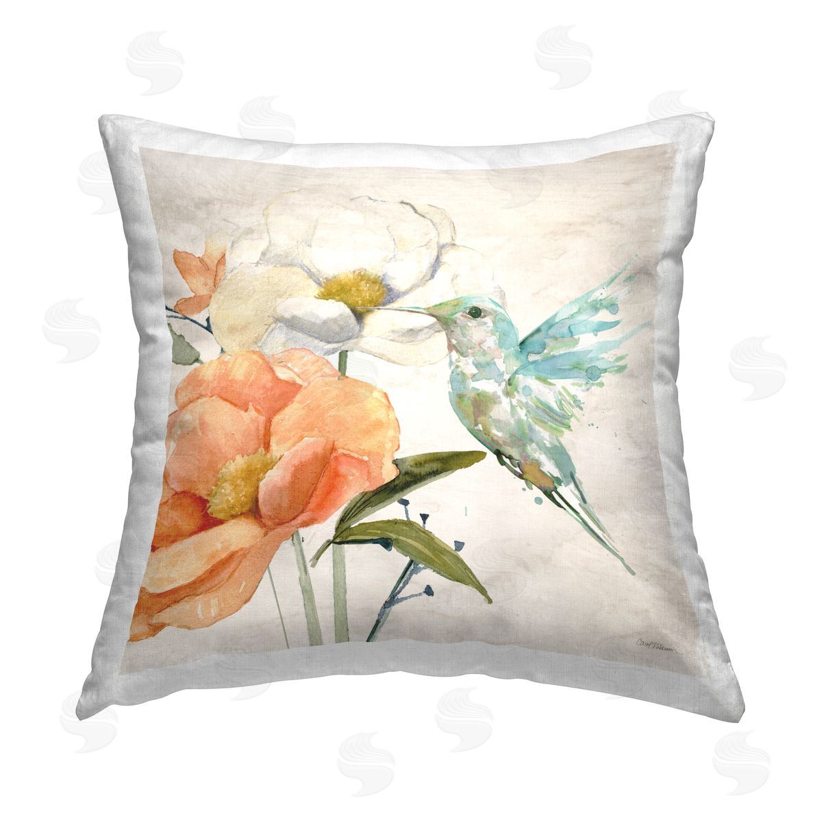 Carol Robinson Hummingbird & Peach Flower Printed Plush Polyester Throw Pillow