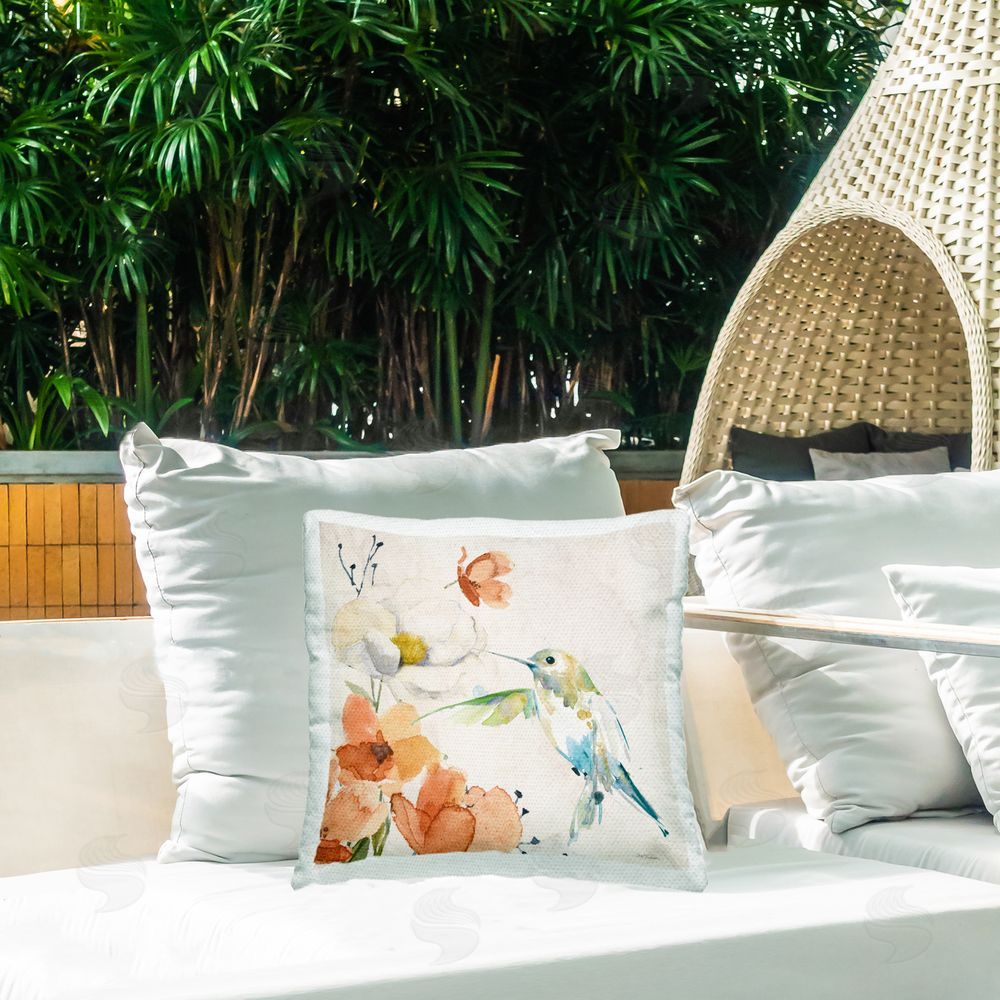 Carol Robinson Fluttering Bird & Florals Outdoor Quick-Dry Polyester Printed Throw Pillow in Back Yard