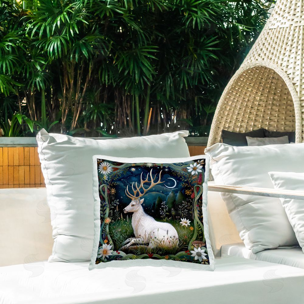 The Dutch Lady White Deer Forest Scene Outdoor Quick-Dry Polyester Printed Throw Pillow in Back Yard