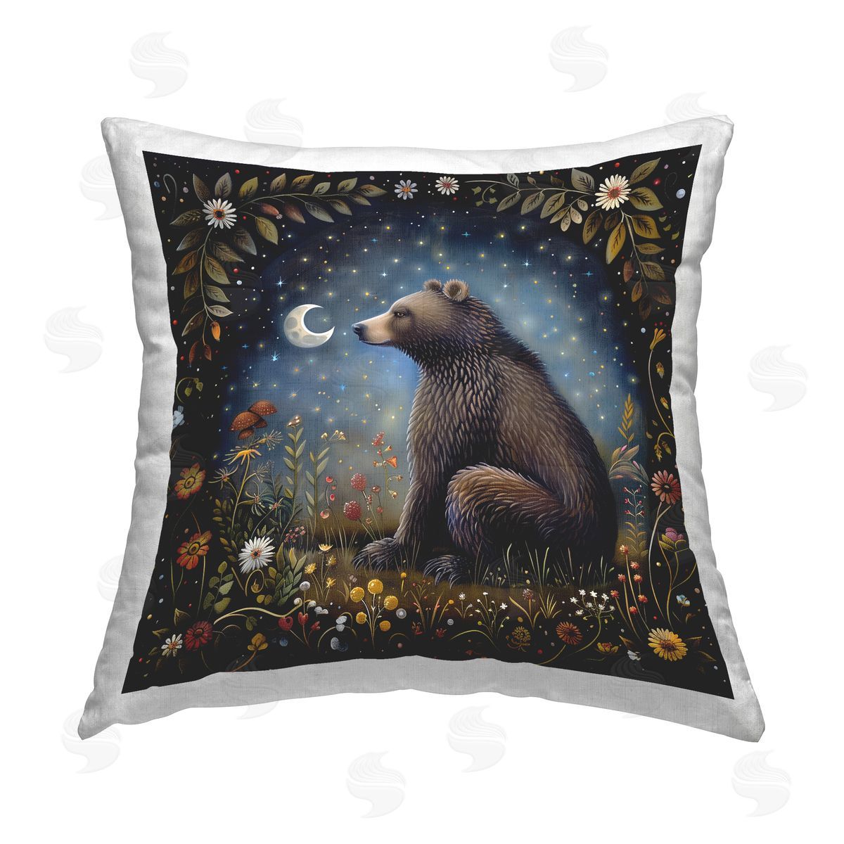The Dutch Lady Woodland Bear Night Forest Printed Plush Polyester Throw Pillow
