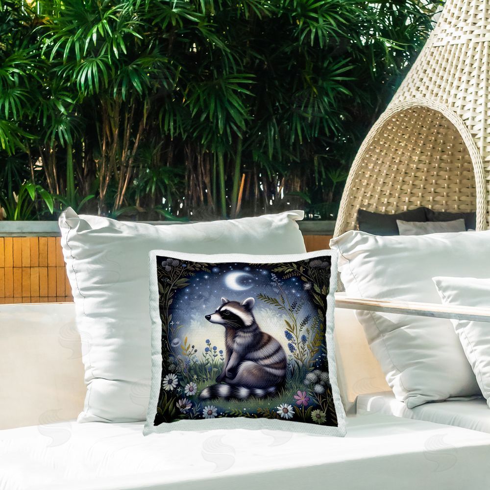 The Dutch Lady Raccoon Under Night Forest Outdoor Quick-Dry Polyester Printed Throw Pillow in Back Yard
