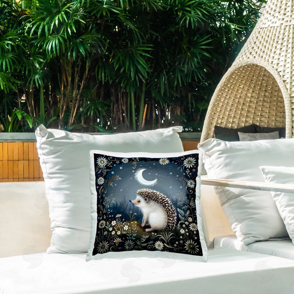 The Dutch Lady Hedgehog Under Forest Moon Outdoor Quick-Dry Polyester Printed Throw Pillow in Back Yard