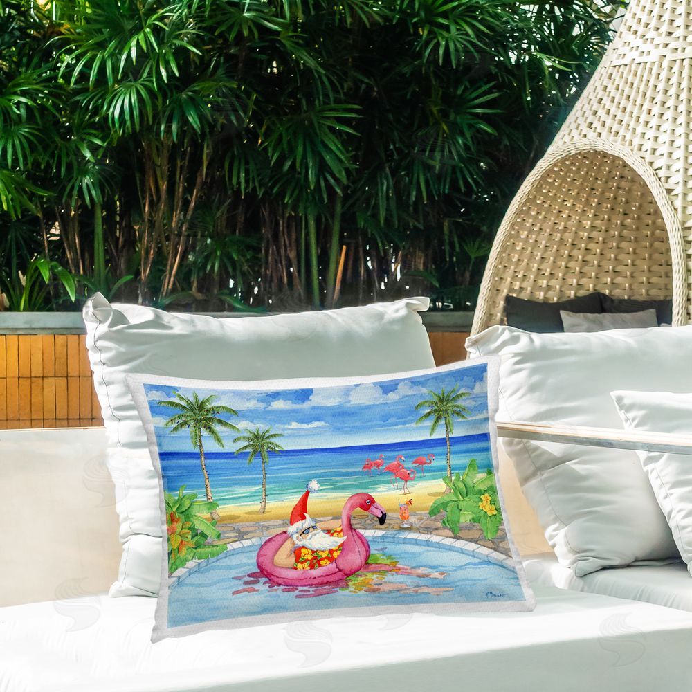 Paul Brent Santa with Pool Float Outdoor Quick-Dry Polyester Printed Throw Pillow in Back Yard