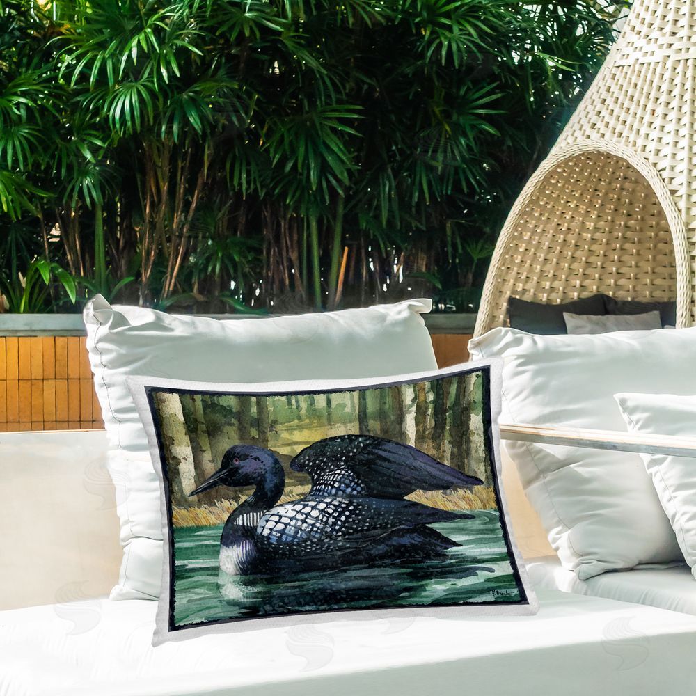 Paul Brent Swimming Woodland Loon Outdoor Quick-Dry Polyester Printed Throw Pillow in Back Yard