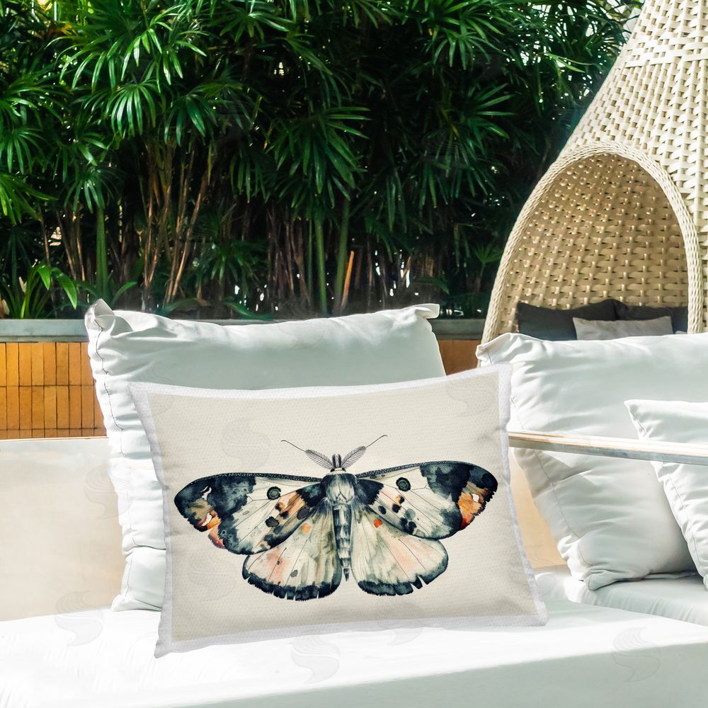 Petal Prints Design Watercolor Black Trimmed Moth Outdoor Quick-Dry Polyester Printed Throw Pillow in Back Yard