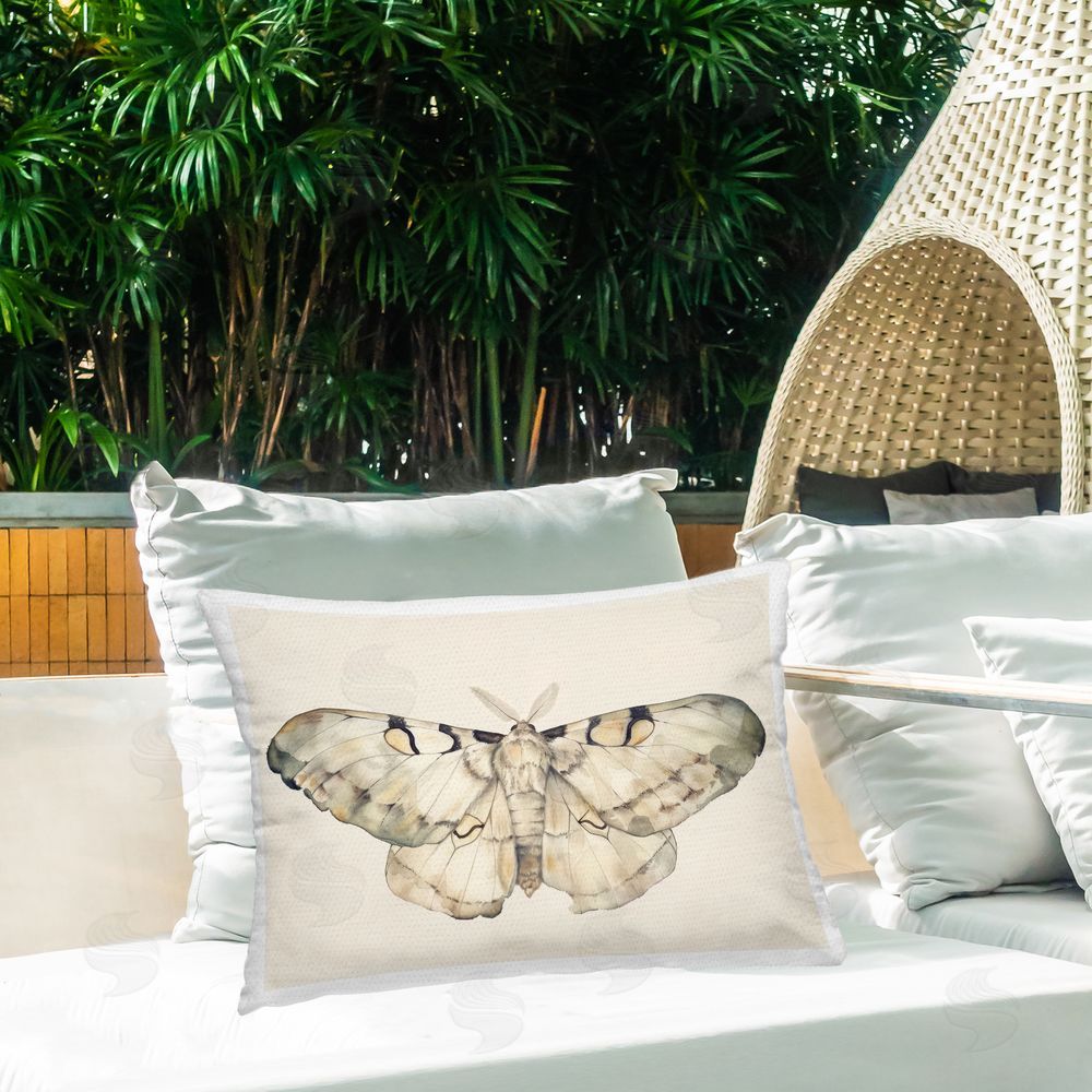Petal Prints Design Dusty Beige Moth Outdoor Quick-Dry Polyester Printed Throw Pillow in Back Yard