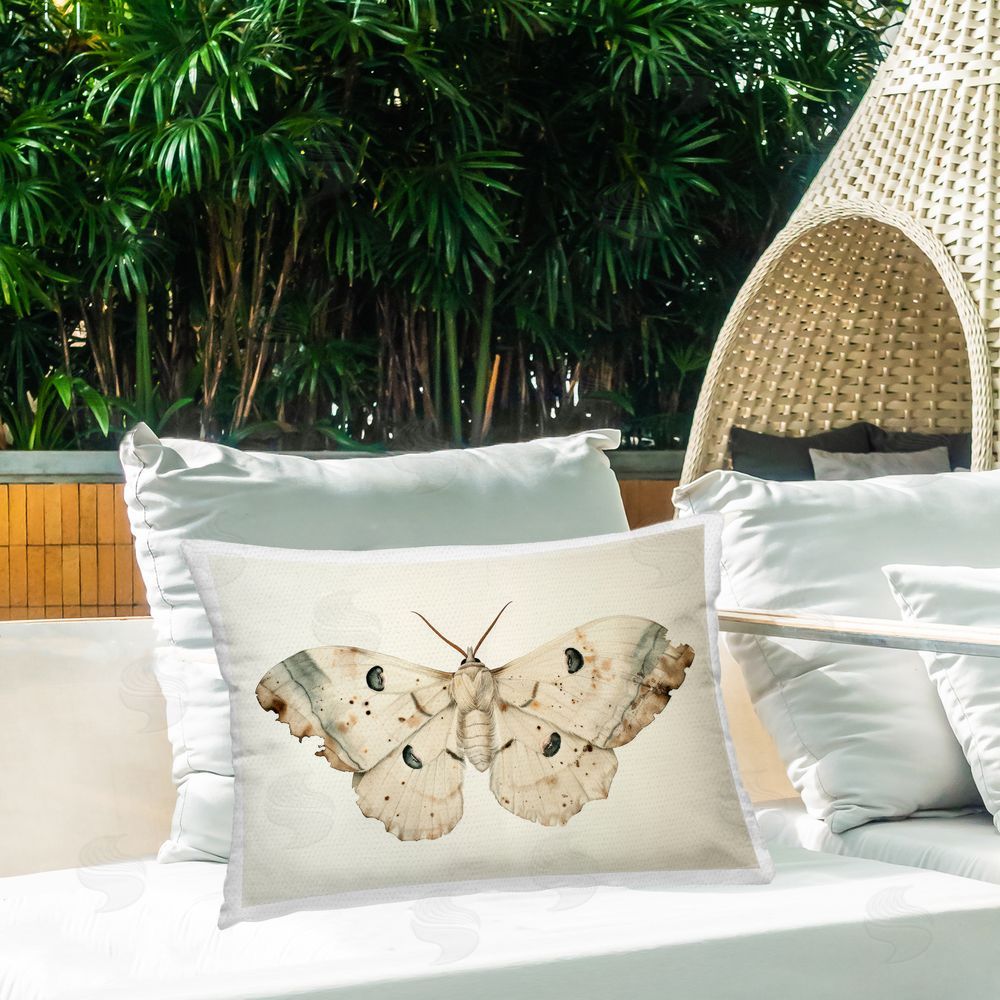 Petal Prints Design Vintage Beige Moth Outdoor Quick-Dry Polyester Printed Throw Pillow in Back Yard