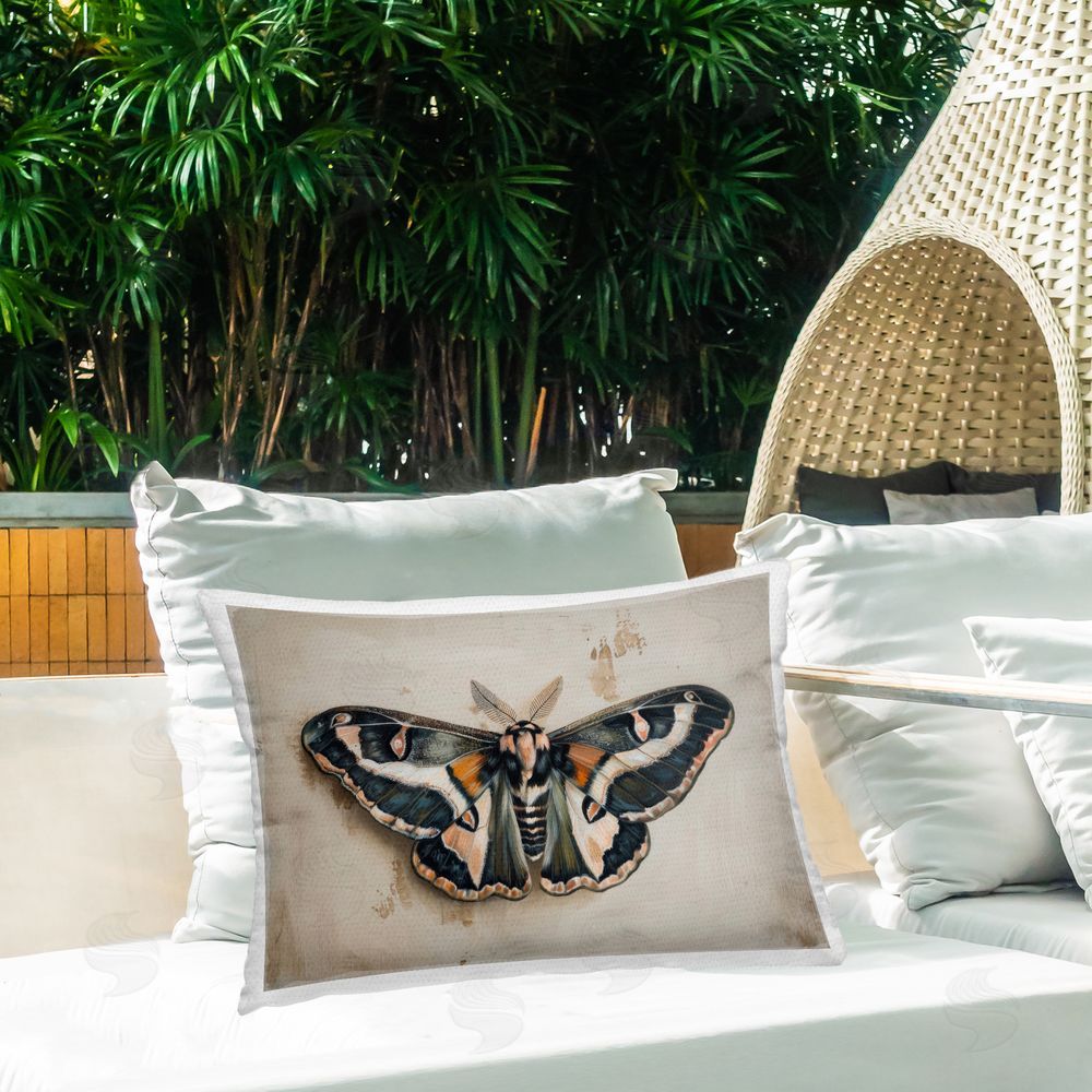 Petal Prints Design Dark Winged Moth Outdoor Quick-Dry Polyester Printed Throw Pillow in Back Yard