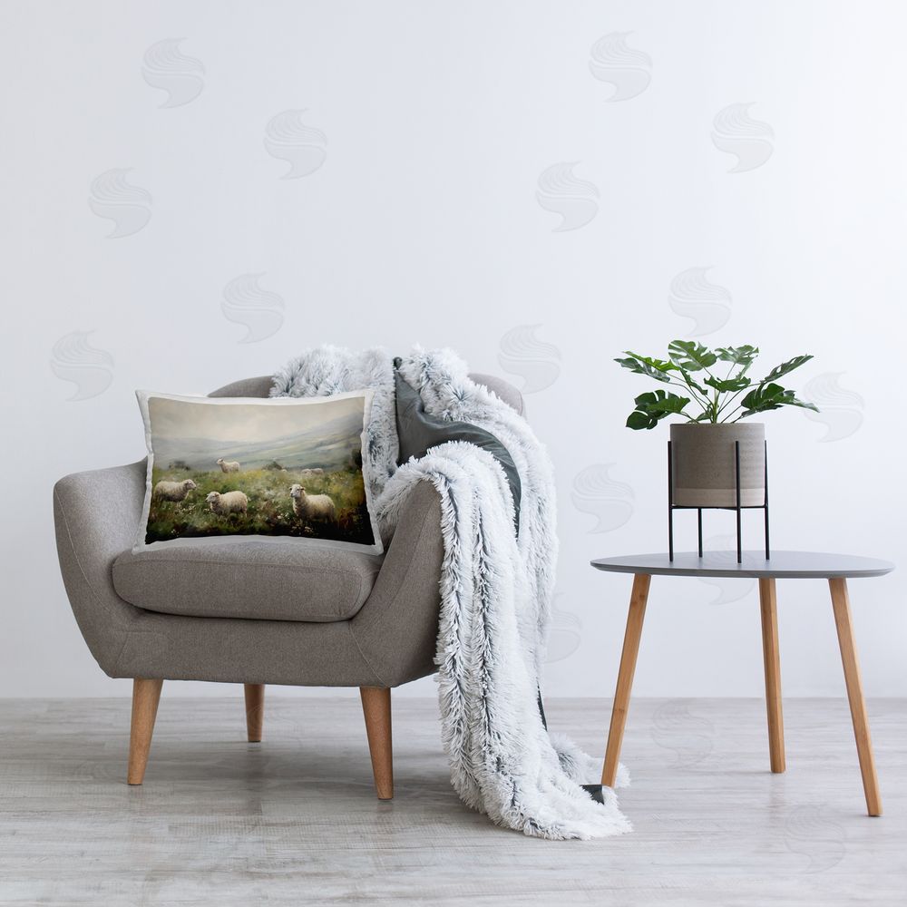 Petal Prints Design Misty Sheep Pasture Printed Plush Polyester Throw Pillow On Chair