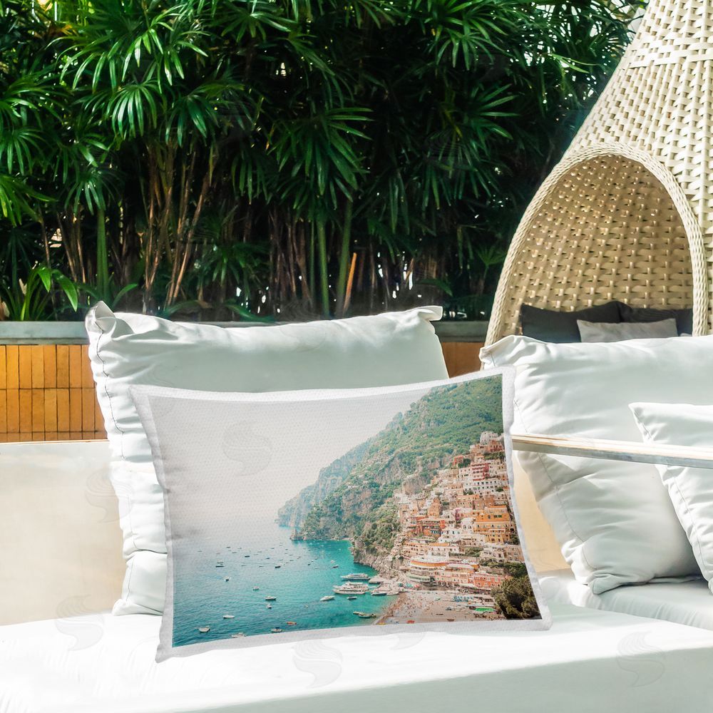 Sisi and Seb Amalfi Coast Harbor Outdoor Quick-Dry Polyester Printed Throw Pillow in Back Yard