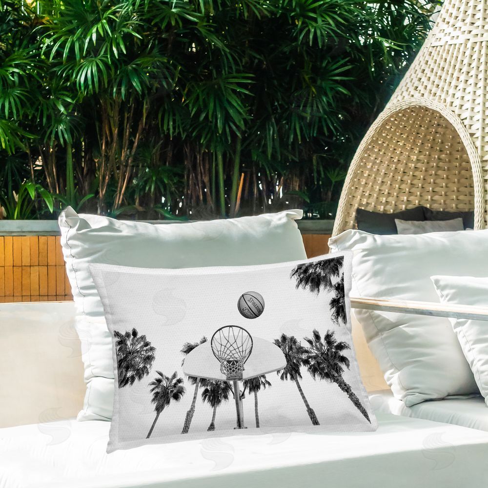 Sisi and Seb Basketball Hoop with Palms Outdoor Quick-Dry Polyester Printed Throw Pillow in Back Yard